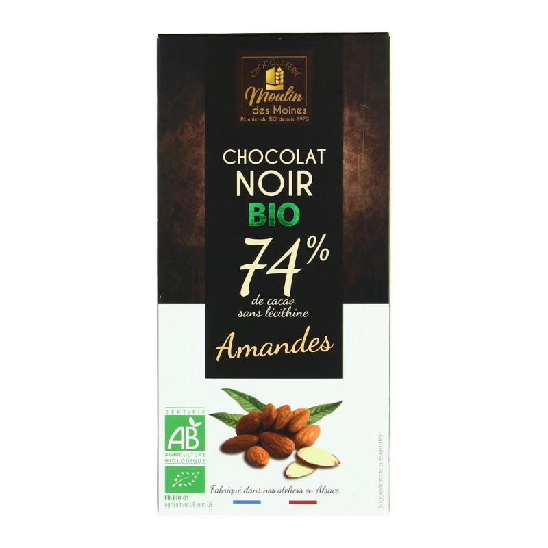 Moulin des moines - Tablette chocolat Noir 74% Amandes Bio