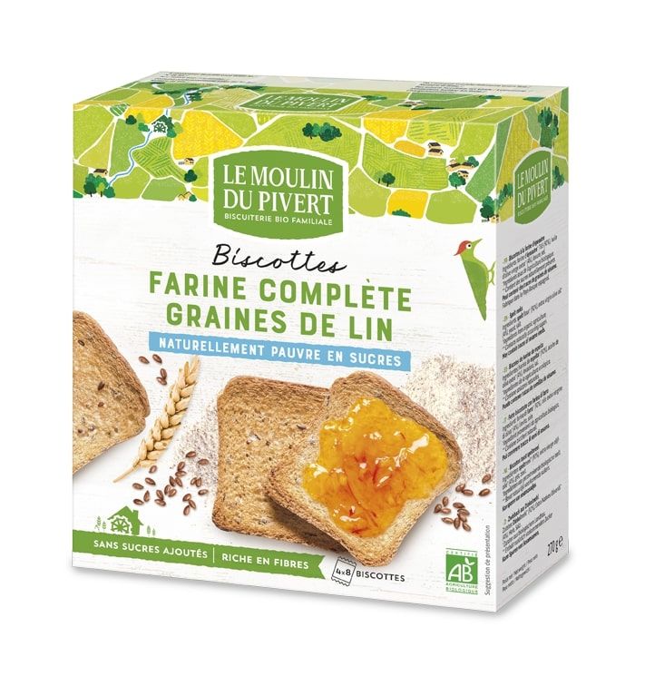 Moulin Du Pivert - Biscottes farine complète & graines de lin sans sucres Bio